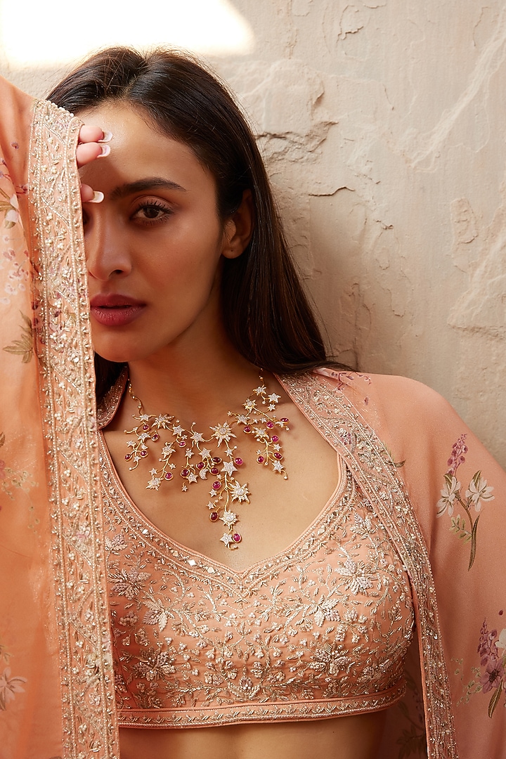 Peach Wedding Lehenga Set With Print by Sana Barreja at Pernia's Pop Up Shop