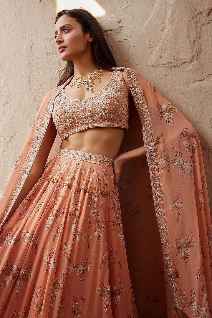Peach Wedding Lehenga Set With Print by Sana Barreja at Pernia's Pop Up Shop