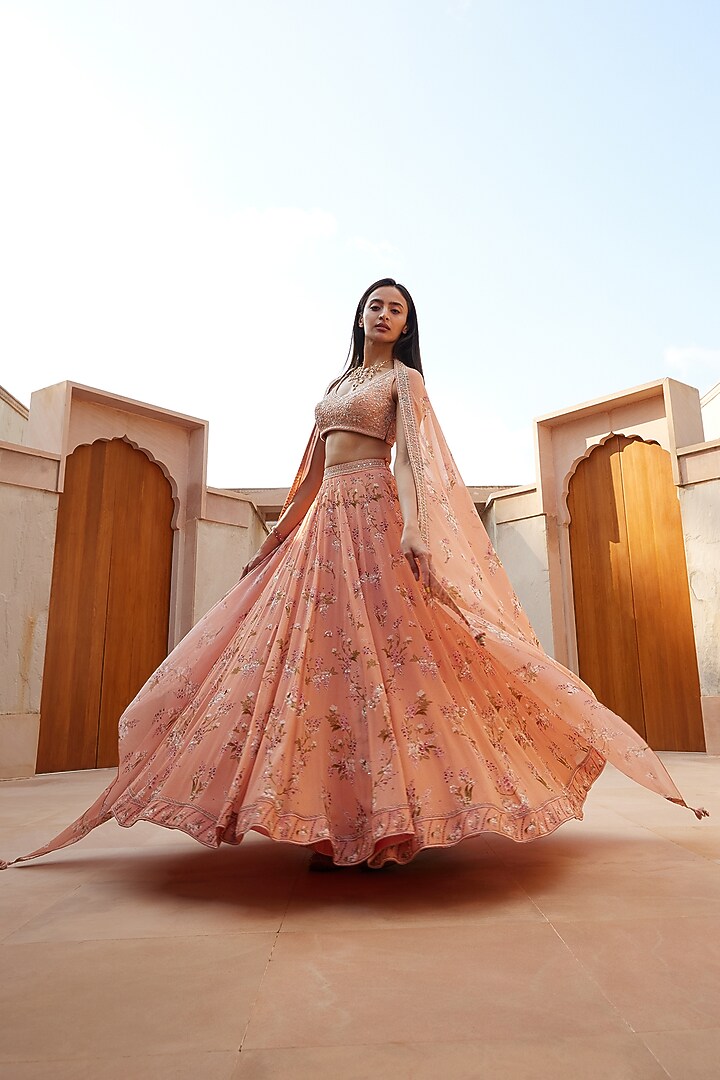 Peach Wedding Lehenga Set With Print by Sana Barreja at Pernia's Pop Up Shop