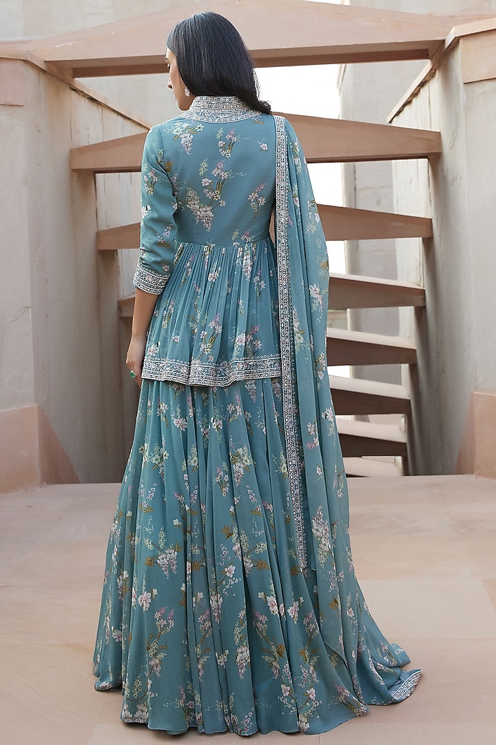 Ice Blue Georgette Printed Wedding Lehenga Set by Sana Barreja at Pernia's Pop Up Shop
