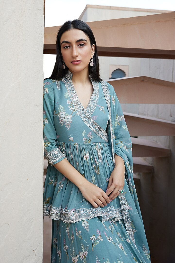 Ice Blue Georgette Printed Wedding Lehenga Set by Sana Barreja at Pernia's Pop Up Shop