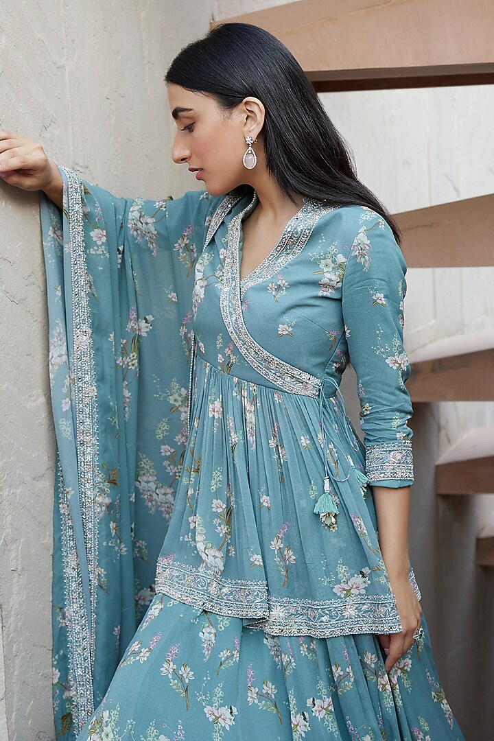 Ice Blue Georgette Printed Wedding Lehenga Set by Sana Barreja at Pernia's Pop Up Shop