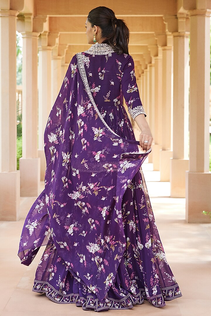 Purple Georgette Printed Wedding Lehenga Set by Sana Barreja at Pernia's Pop Up Shop