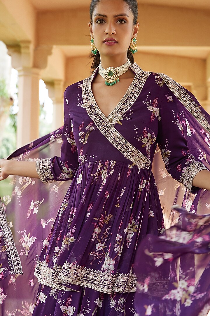 Purple Georgette Printed Wedding Lehenga Set by Sana Barreja at Pernia's Pop Up Shop