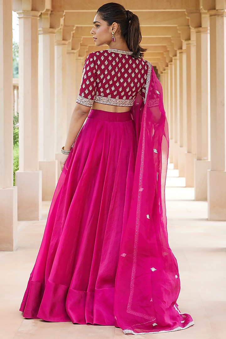 Fuchsia Georgette & Organza Wedding Lehenga Set by Sana Barreja at Pernia's Pop Up Shop