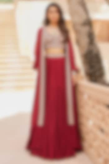 Marsala Red Georgette Jacket Wedding Lehenga Set by Sana Barreja at Pernia's Pop Up Shop