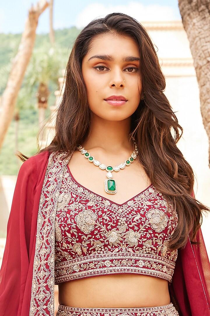Marsala Red Georgette Jacket Wedding Lehenga Set by Sana Barreja at Pernia's Pop Up Shop