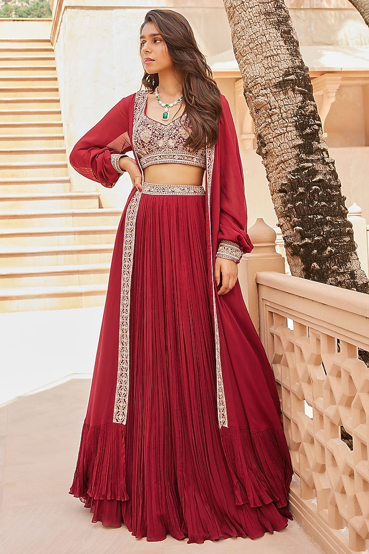Marsala Red Georgette Jacket Wedding Lehenga Set by Sana Barreja at Pernia's Pop Up Shop