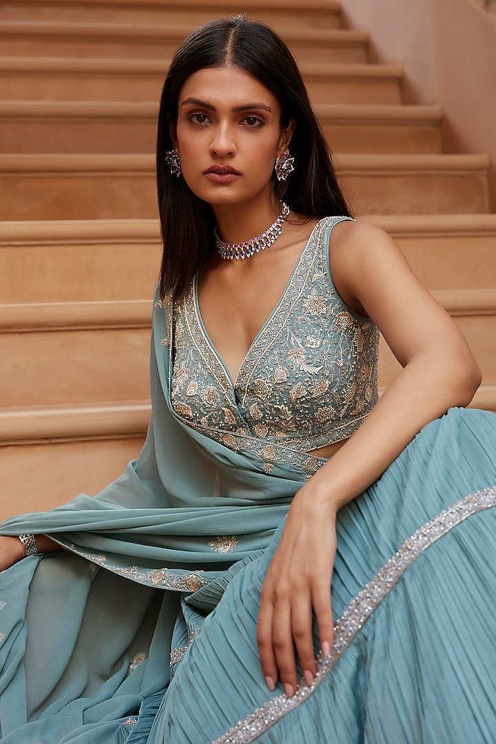 Ice Blue Georgette Wedding Lehenga Set by Sana Barreja at Pernia's Pop Up Shop