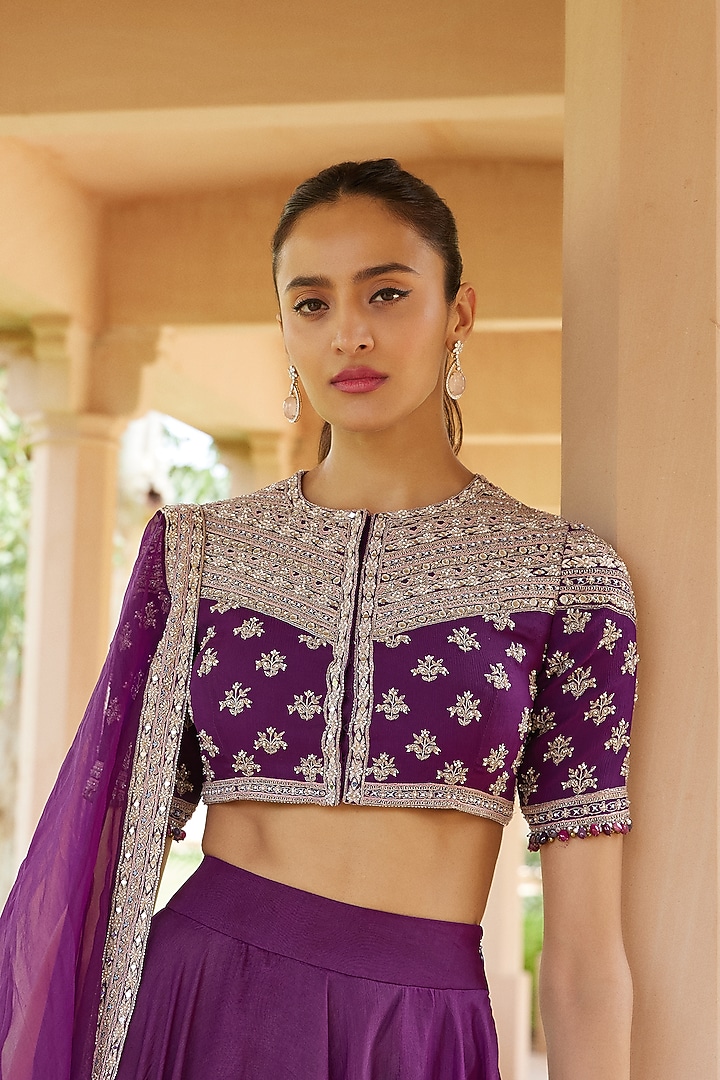 Purple Organza & Silk Chiffon Wedding Lehenga Set by Sana Barreja at Pernia's Pop Up Shop