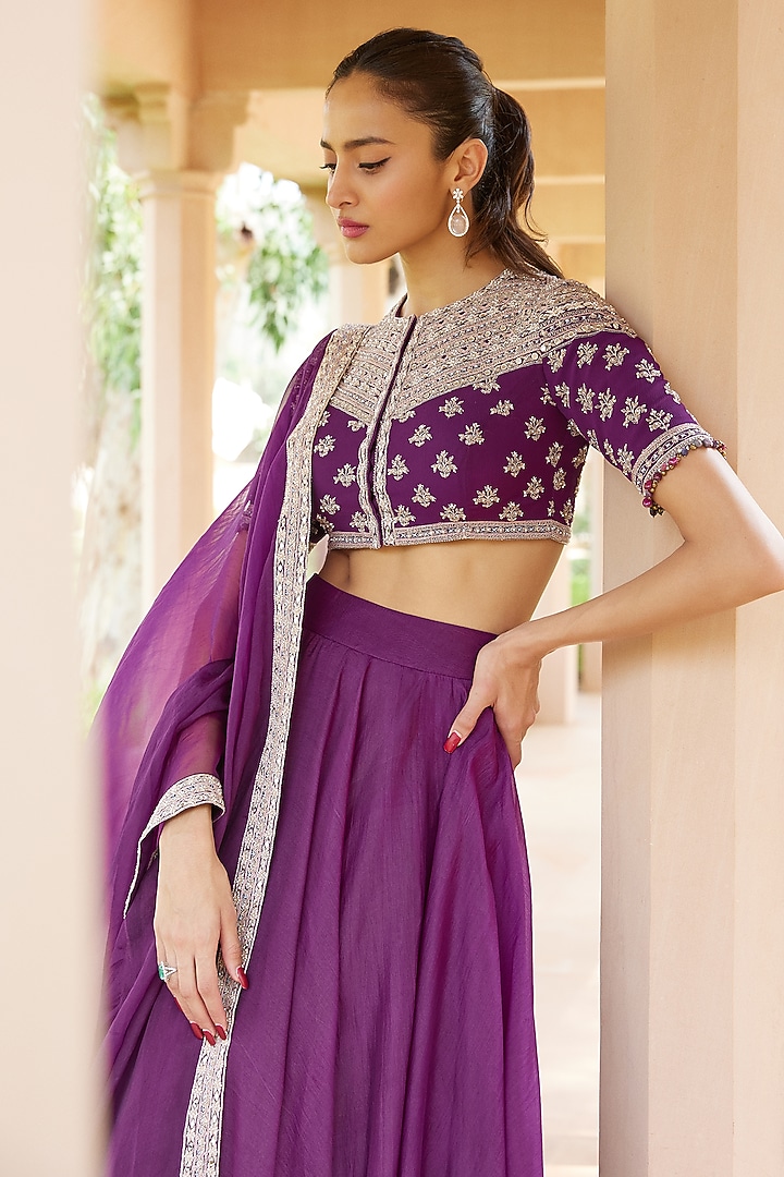 Purple Organza & Silk Chiffon Wedding Lehenga Set by Sana Barreja at Pernia's Pop Up Shop