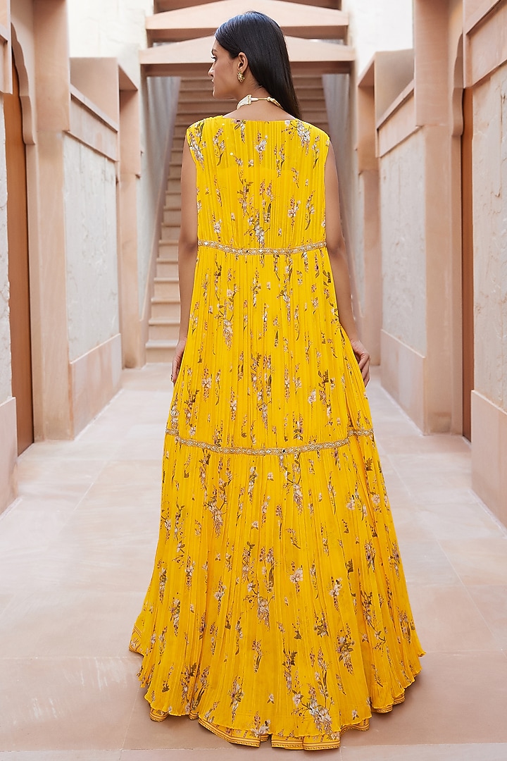 Yellow Printed & Embroidered Jacket Wedding Lehenga Set by Sana Barreja at Pernia's Pop Up Shop