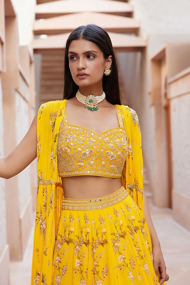 Yellow Printed & Embroidered Jacket Wedding Lehenga Set by Sana Barreja at Pernia's Pop Up Shop