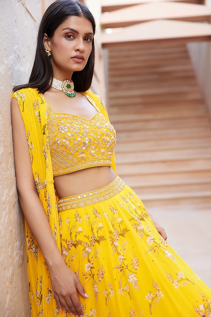 Yellow Printed & Embroidered Jacket Wedding Lehenga Set by Sana Barreja at Pernia's Pop Up Shop