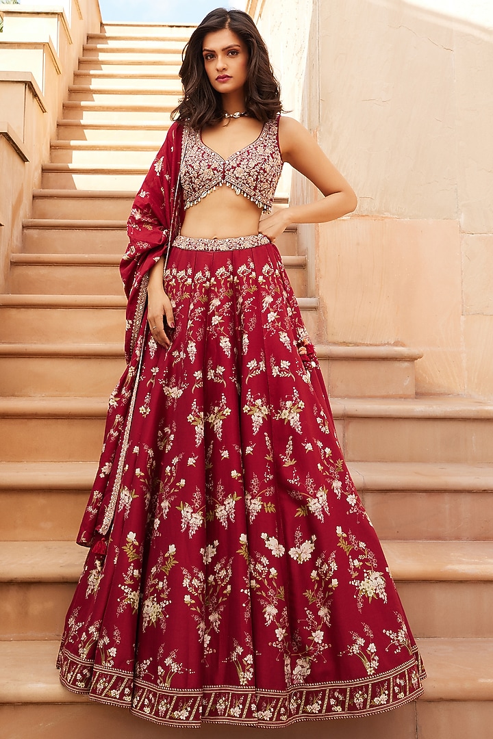 Marsala Red Printed Wedding Lehenga Set by Sana Barreja at Pernia's Pop Up Shop