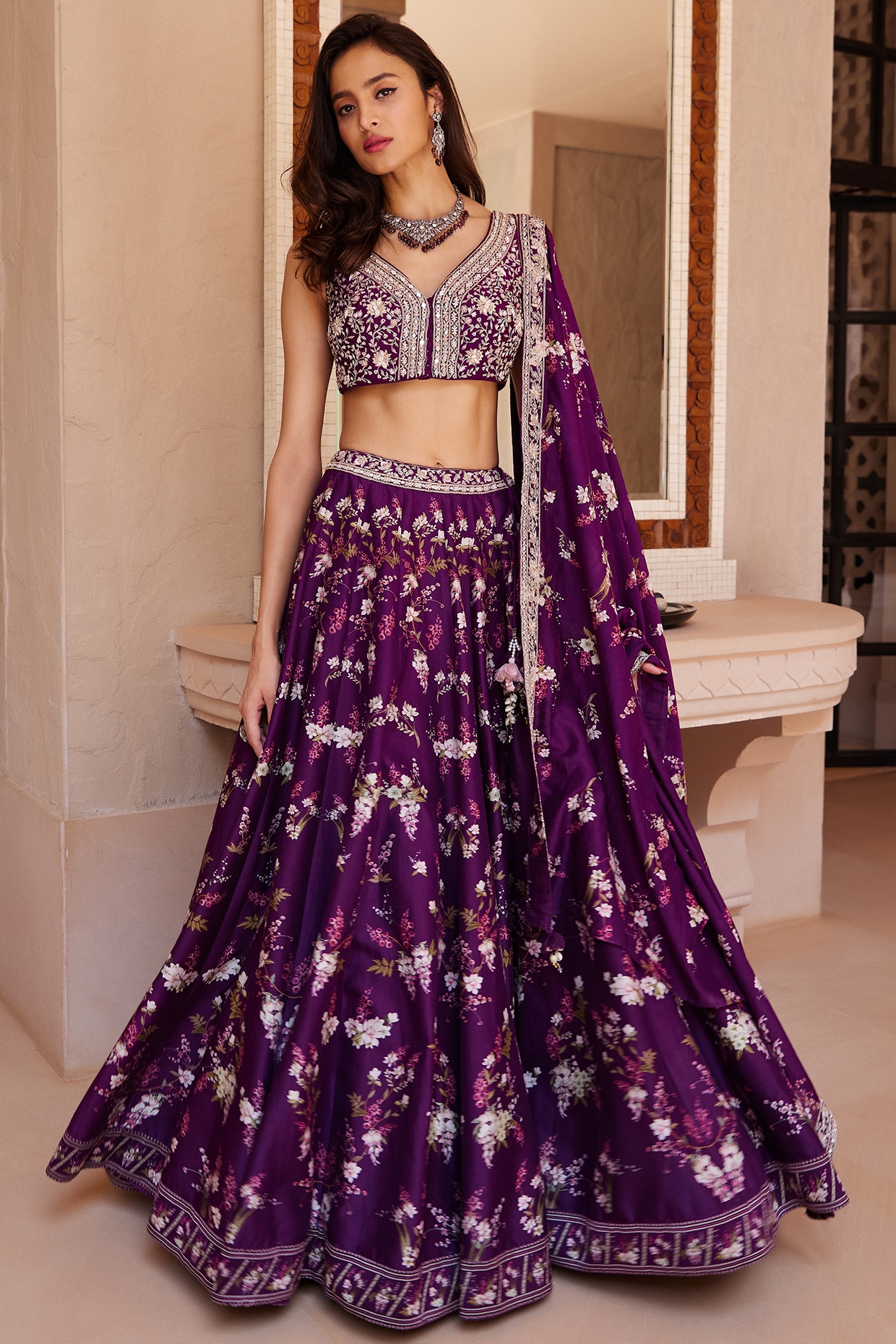 Purple Wedding Wear Sequence Embroidered Sibburi Print Velvet Lehenga –  Apparel Designer