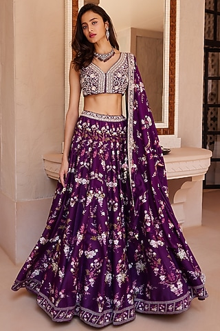 Purple Lehenga Set With Print by Sana Barreja