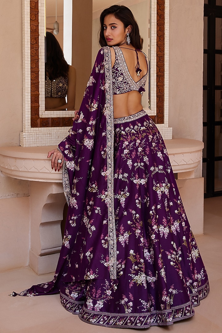 Purple Wedding Lehenga Set With Print by Sana Barreja at Pernia's Pop Up Shop