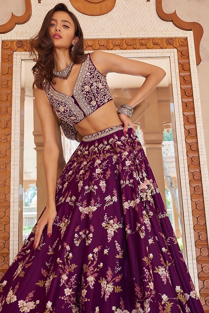Purple Wedding Lehenga Set With Print by Sana Barreja at Pernia's Pop Up Shop