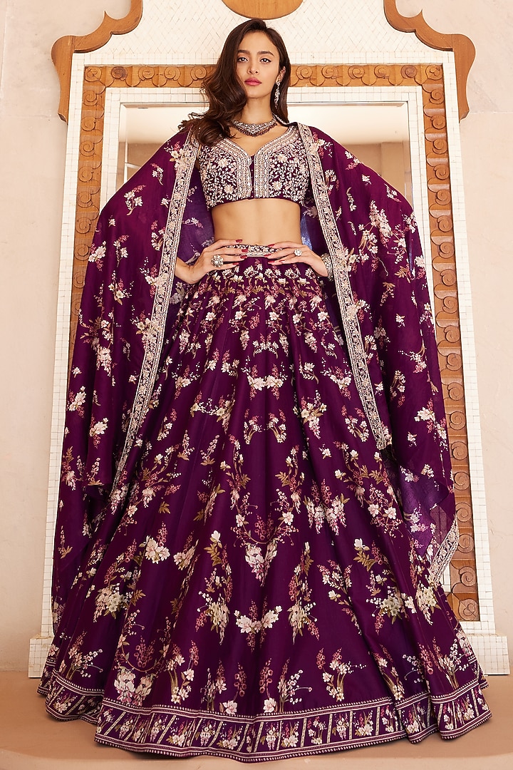Purple Wedding Lehenga Set With Print by Sana Barreja at Pernia's Pop Up Shop
