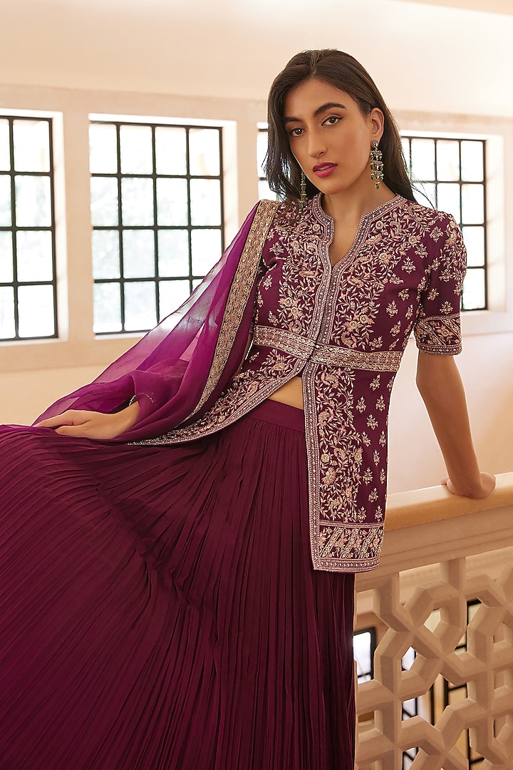 Purple Embroidered Jacket Wedding Lehenga Set by Sana Barreja at Pernia's Pop Up Shop