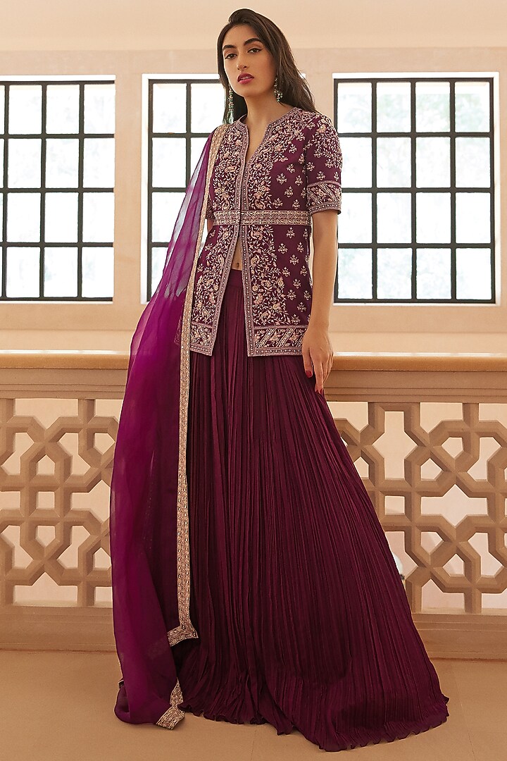 Purple Embroidered Jacket Wedding Lehenga Set by Sana Barreja at Pernia's Pop Up Shop