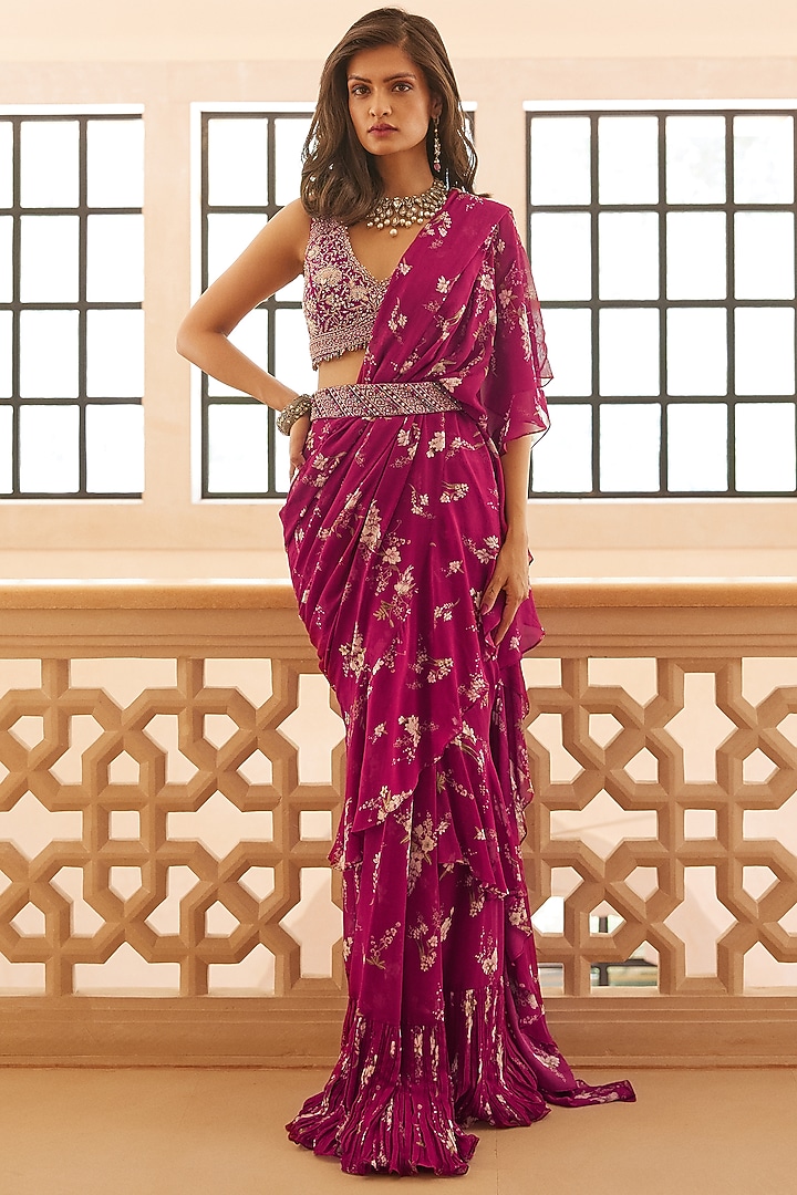 Fuchsia Georgette Mangolia Printed Wedding Saree Set by Sana Barreja at Pernia's Pop Up Shop
