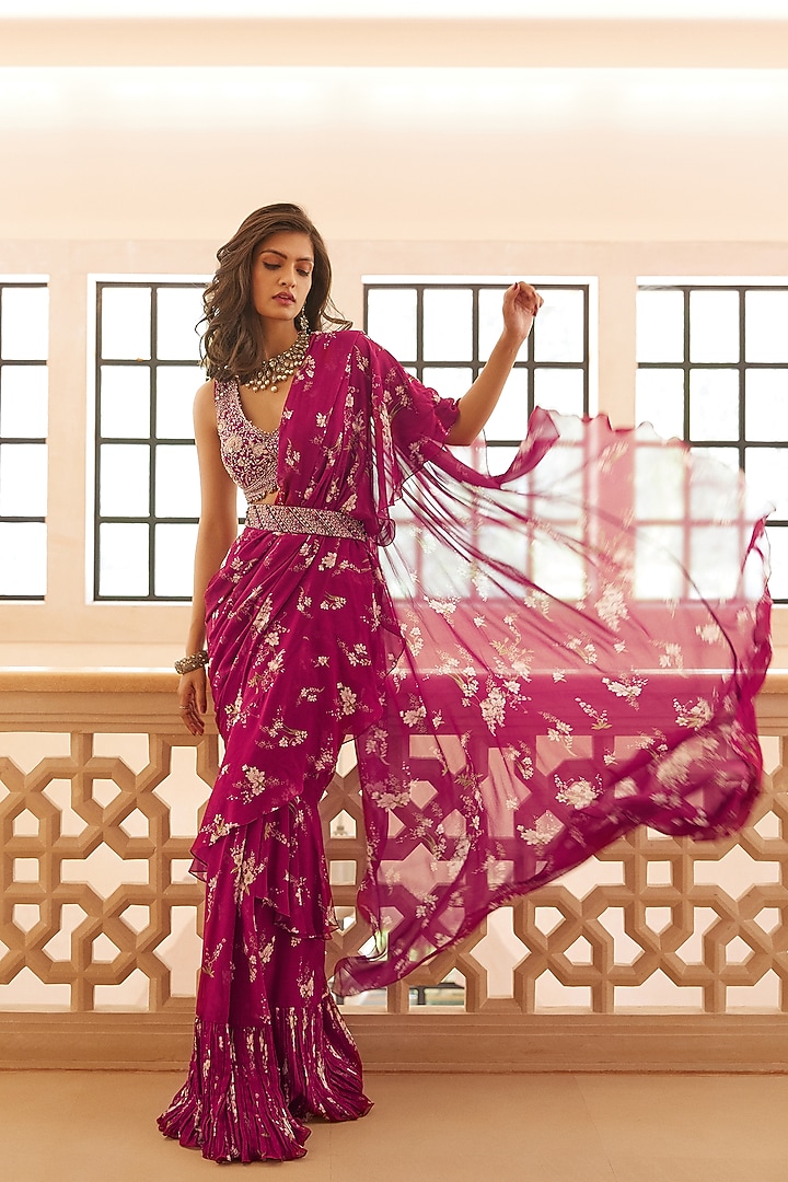 Fuchsia Georgette Mangolia Printed Wedding Saree Set by Sana Barreja at Pernia's Pop Up Shop