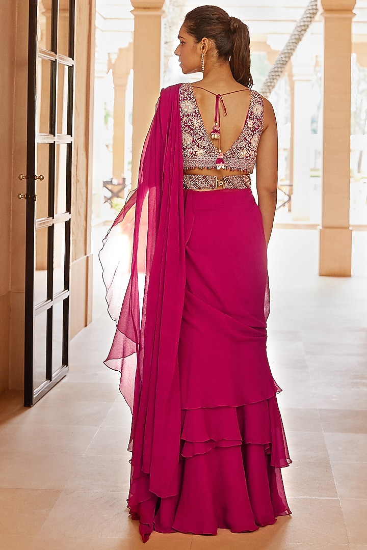 Fuchsia Silk Chiffon Pre-Stitched Wedding Saree Set by Sana Barreja at Pernia's Pop Up Shop