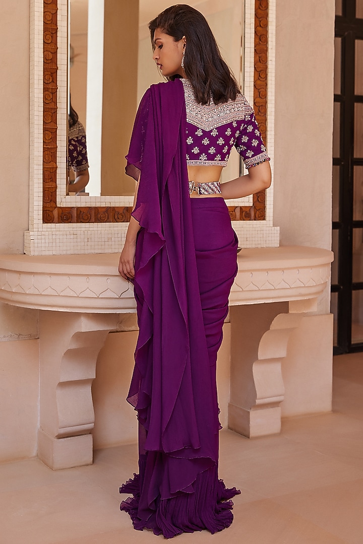 Purple Chiffon Pre-Stitched Wedding Saree Set by Sana Barreja at Pernia's Pop Up Shop