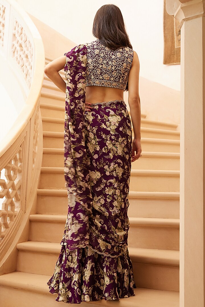 Purple Printed & Embroidered Wedding Saree Set by Sana Barreja at Pernia's Pop Up Shop