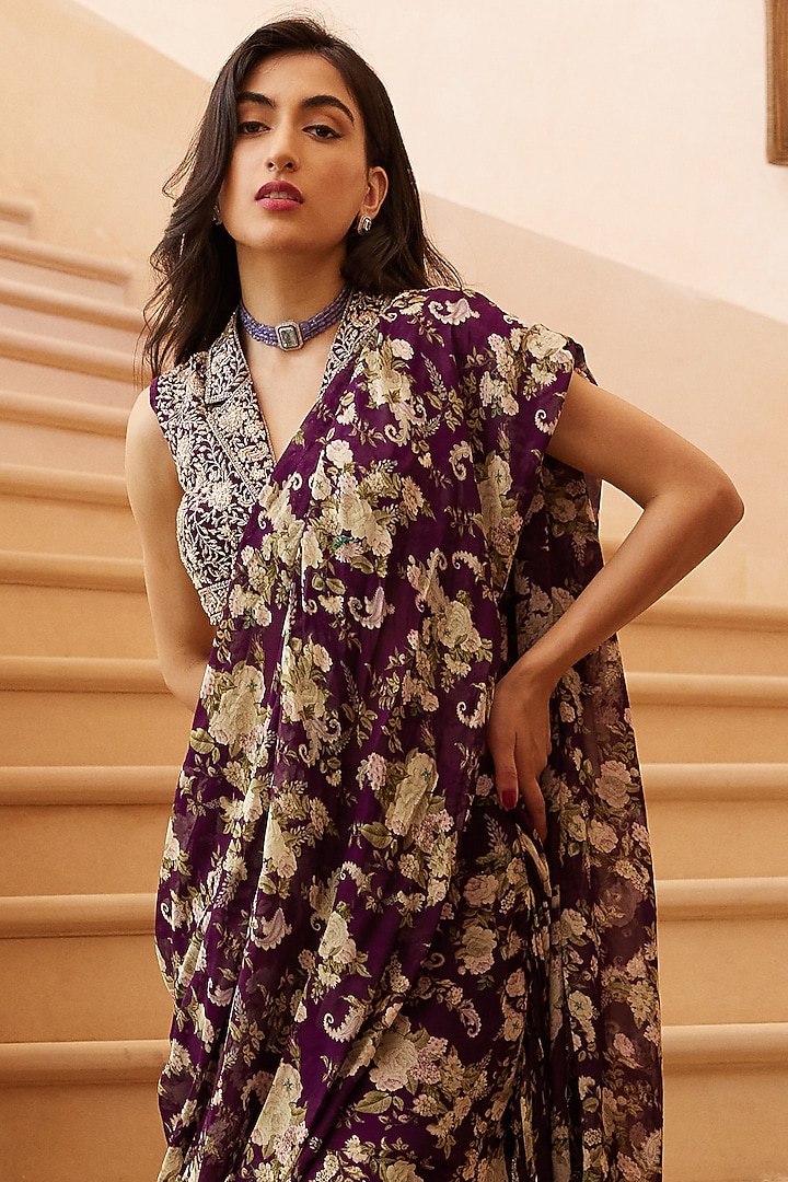 Purple Printed & Embroidered Wedding Saree Set by Sana Barreja at Pernia's Pop Up Shop