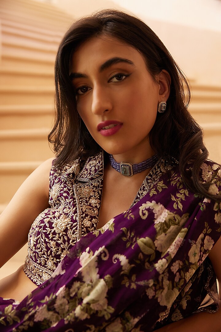 Purple Printed & Embroidered Wedding Saree Set by Sana Barreja at Pernia's Pop Up Shop