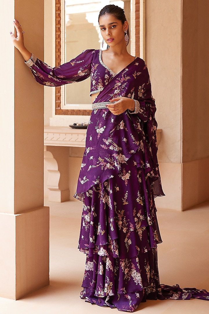 Purple Georgette Magnolia Printed Saree Set With Belt by Sana Barreja at Pernia's Pop Up Shop