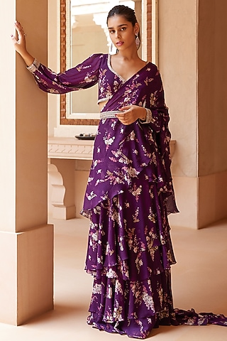 Purple Georgette Magnolia Printed Saree Set With Belt by Sana Barreja