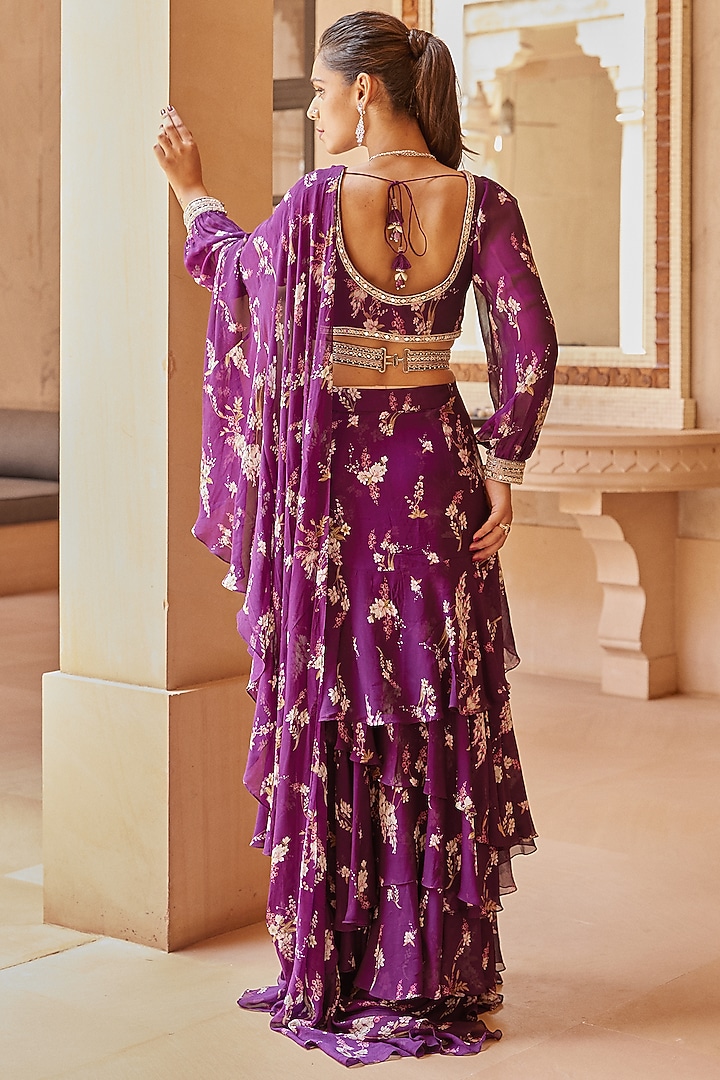 Purple Georgette Magnolia Printed Wedding Saree Set With Belt by Sana Barreja at Pernia's Pop Up Shop