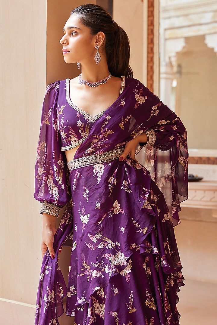 Purple Georgette Magnolia Printed Wedding Saree Set With Belt by Sana Barreja at Pernia's Pop Up Shop