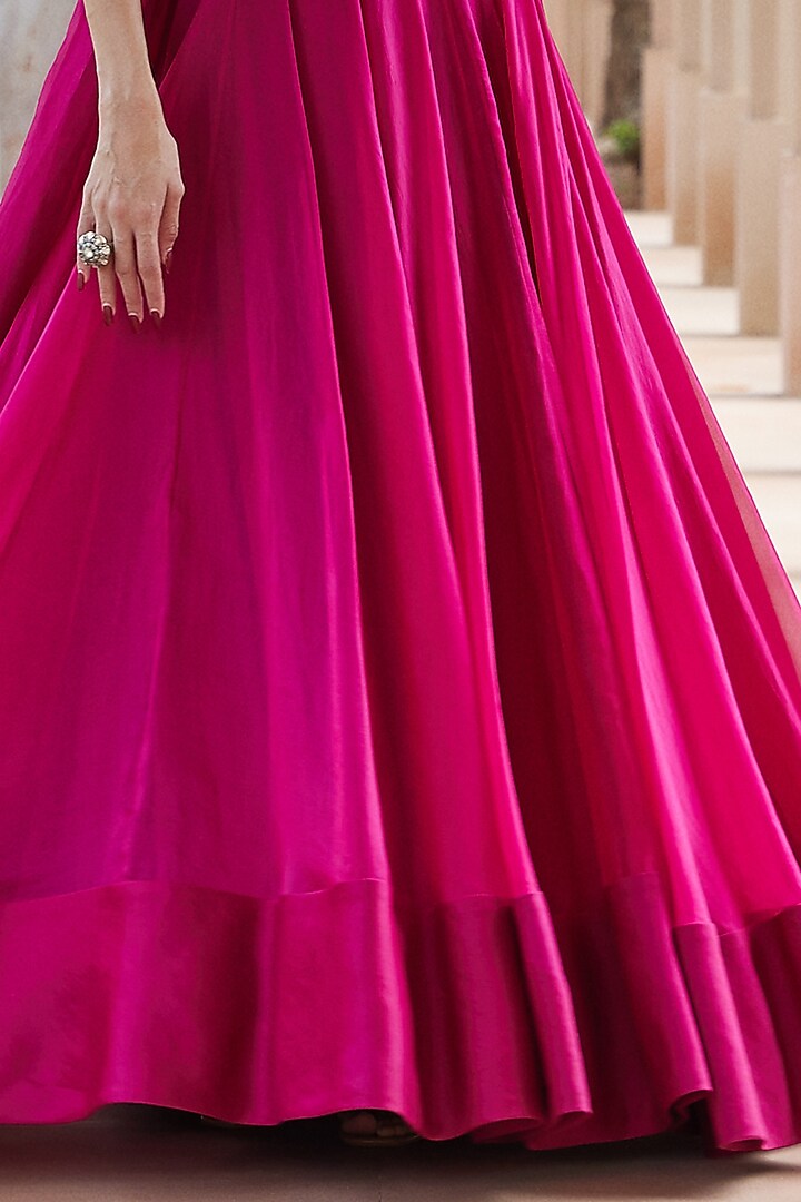 Fuchsia Dupion Silk & Organza Jacket Wedding Lehenga Set by Sana Barreja at Pernia's Pop Up Shop
