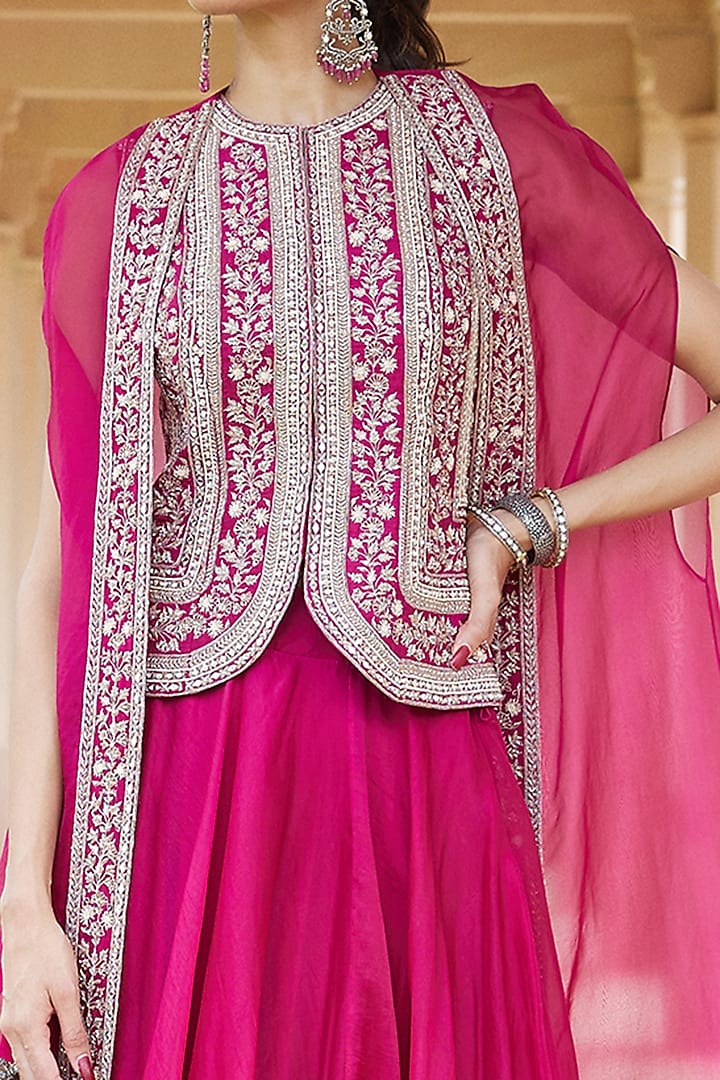 Fuchsia Dupion Silk & Organza Jacket Wedding Lehenga Set by Sana Barreja at Pernia's Pop Up Shop