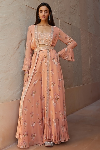 Peach Printed Sharara Set With Belt by Sana Barreja
