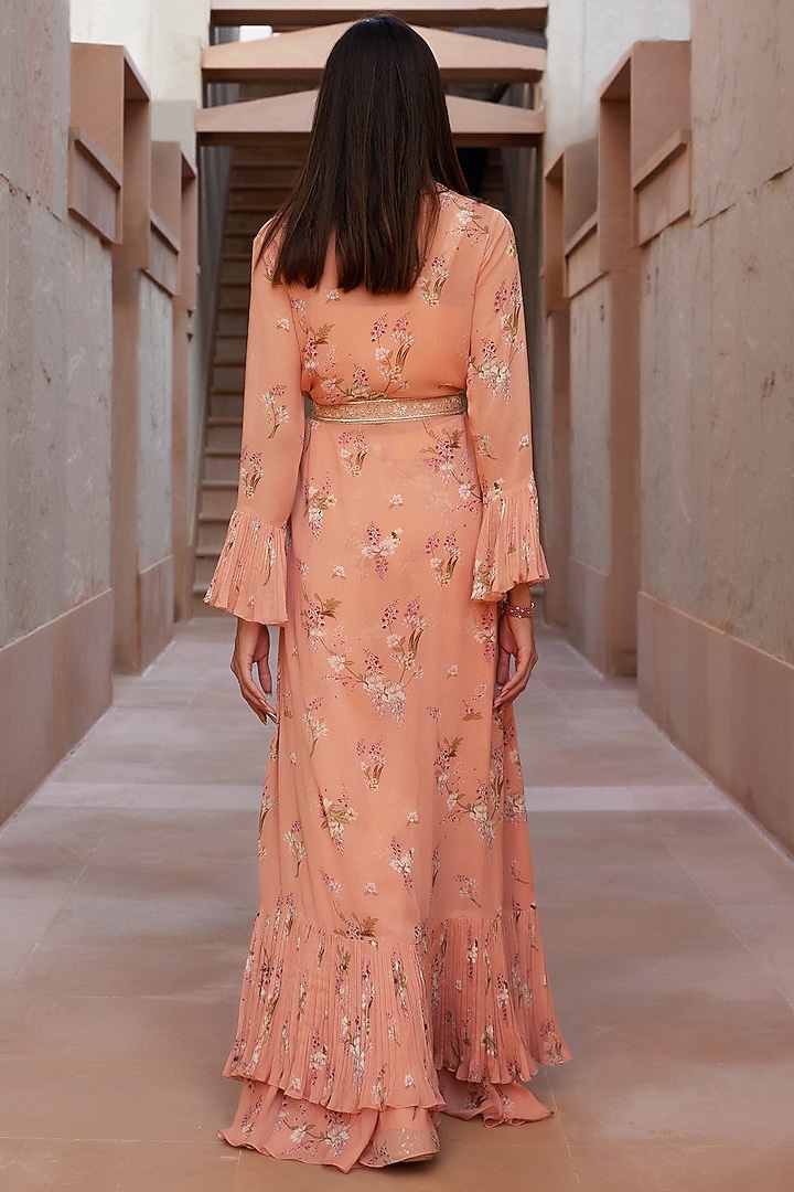 Peach Printed Wedding Sharara Set With Belt by Sana Barreja at Pernia's Pop Up Shop