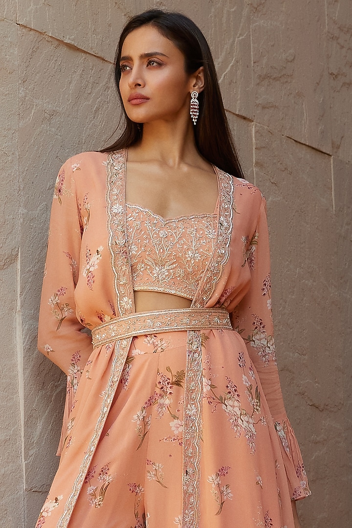 Peach Printed Wedding Sharara Set With Belt by Sana Barreja at Pernia's Pop Up Shop