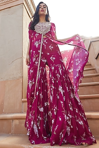 Fuchsia Chiffon Printed Gharara Set by Sana Barreja