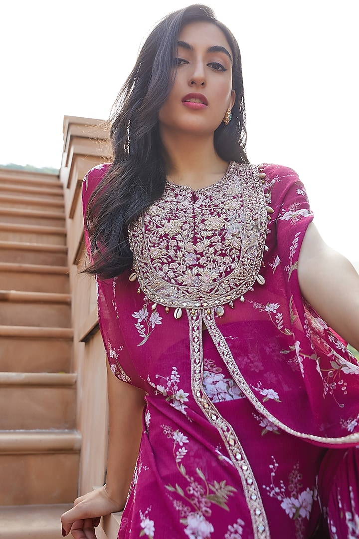 Fuchsia Chiffon Printed Gharara Set by Sana Barreja at Pernia's Pop Up Shop