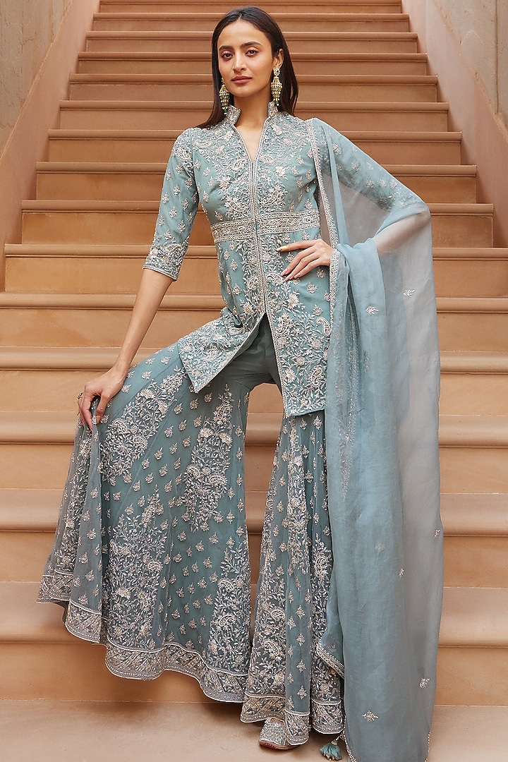 Ice Blue Hand Embroidered Gharara Set by Sana Barreja at Pernia's Pop Up Shop