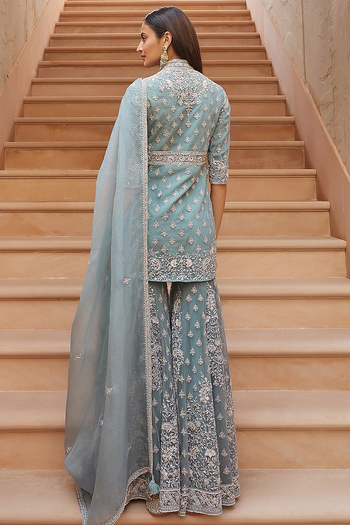 Ice Blue Hand Embroidered Gharara Set by Sana Barreja at Pernia's Pop Up Shop