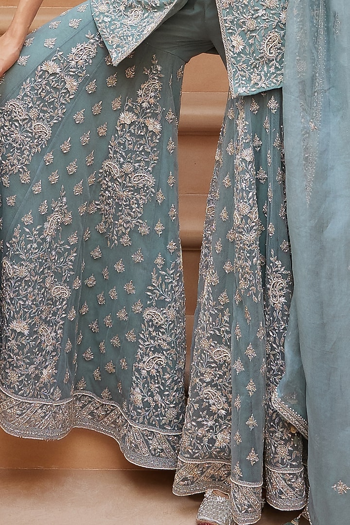 Ice Blue Hand Embroidered Gharara Set by Sana Barreja at Pernia's Pop Up Shop