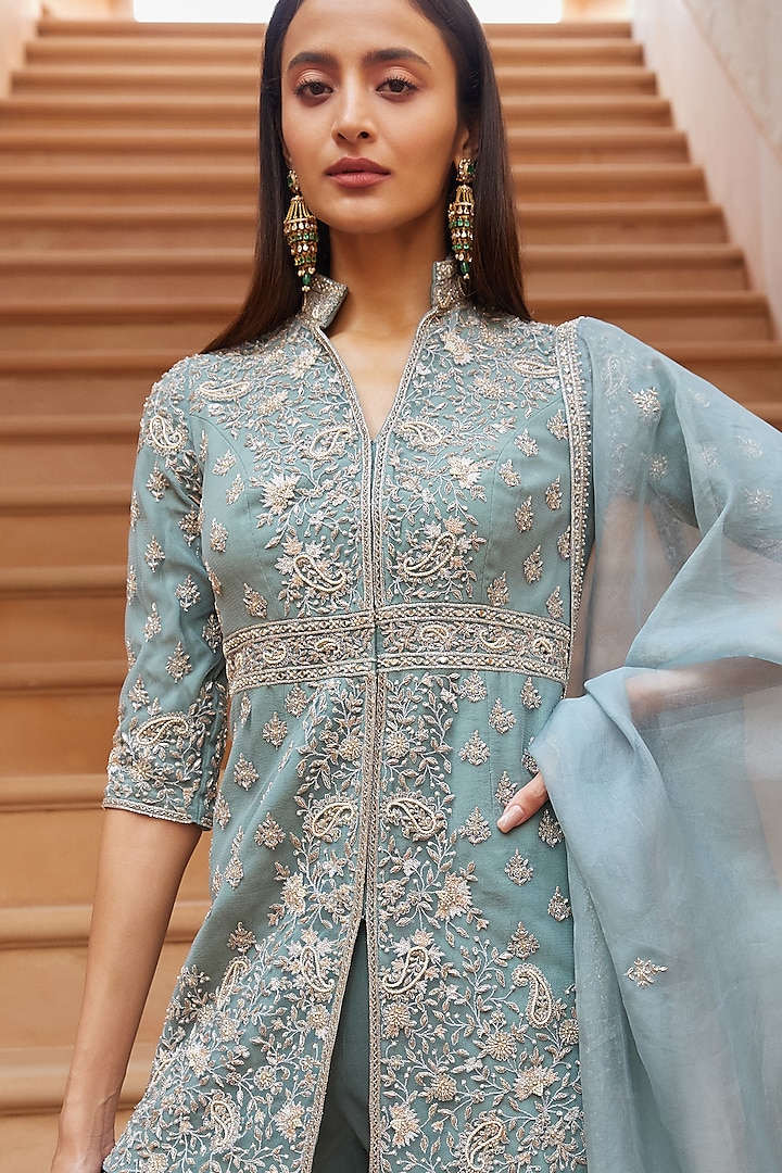 Ice Blue Hand Embroidered Gharara Set by Sana Barreja at Pernia's Pop Up Shop