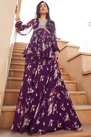 Purple Georgette Printed Sharara Set by Sana Barreja
