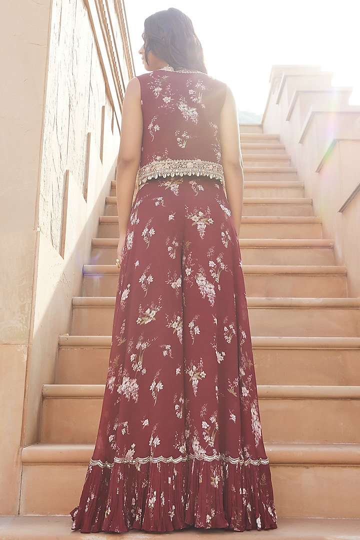 Red Georgette Printed Wedding Sharara Set by Sana Barreja at Pernia's Pop Up Shop